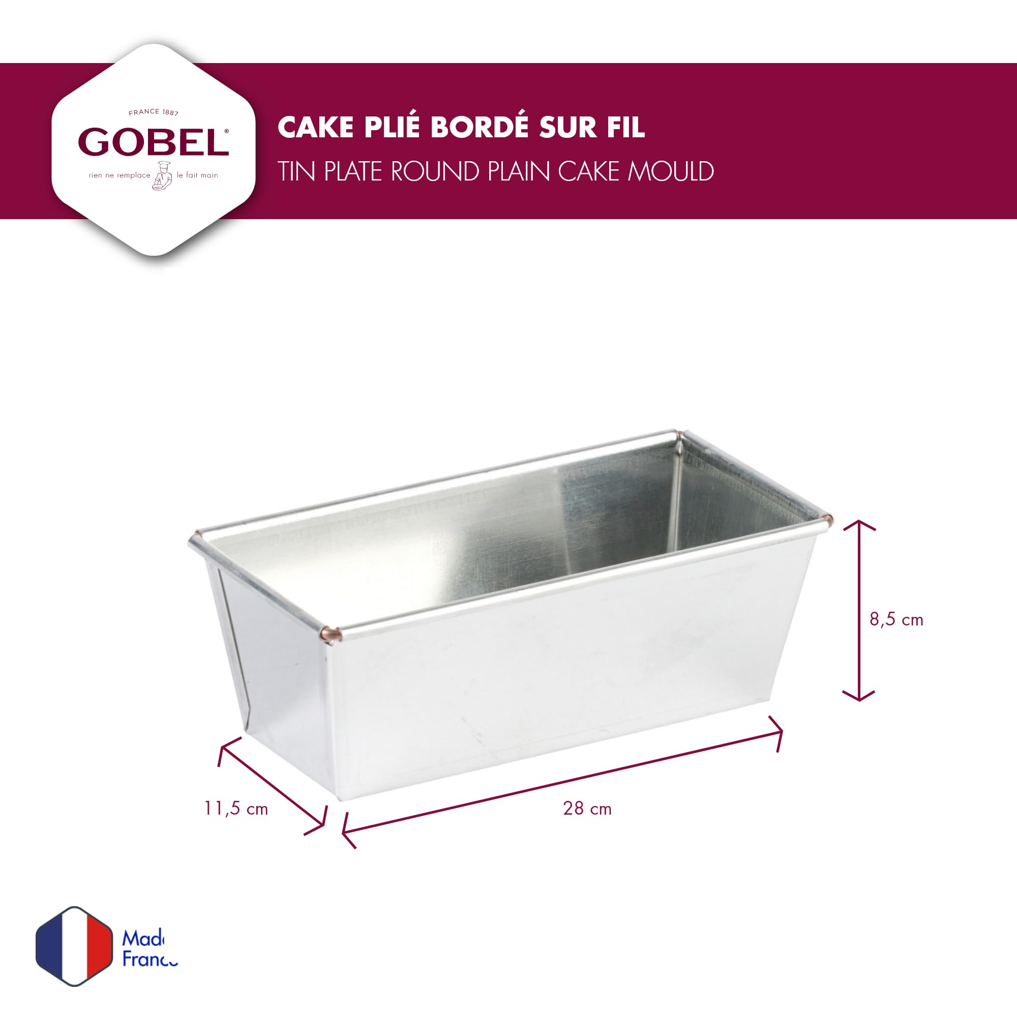 Gobel - Moule à Cake Plié Bordé sur Fil – Fer Blanc – 27 cm – Cuisson Homogène – Fabrication Française