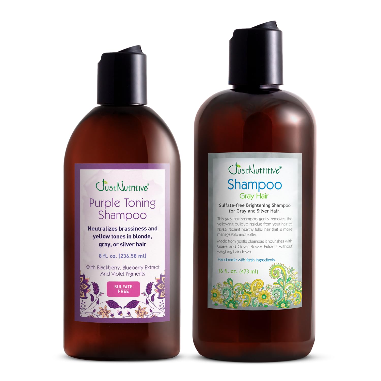Just Nutritive Silver & Gray Hair Perfecting Duo | Hydrating Gray Hair Shampoo & Anti-Brass Purple Shampoo 16 & 8 Fl Oz.