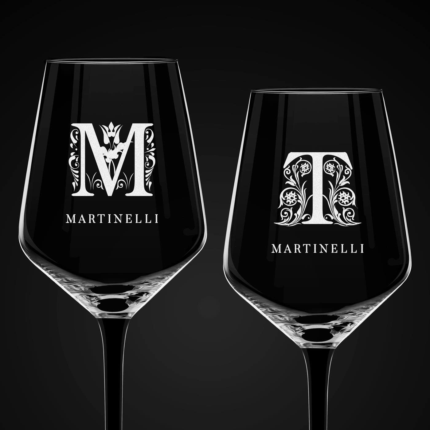 Maverton 2 Calici da vino Rubino - incisione personalizzata - 300 ml - con gambo nero - pensiero speciale per nozze - adatti per vino secco e dolce - unici per coppia - regalo di Natale - art decò