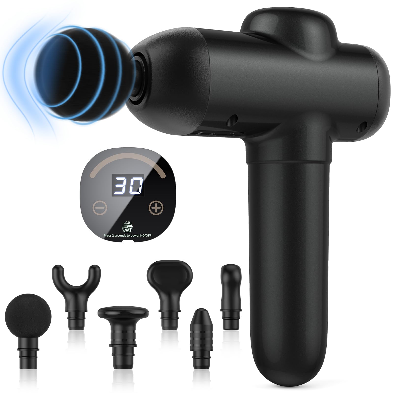 Pistola de masaje muscular, 30 niveles de velocidad, 6 cabezas de masajeador de percusión para aliviar el dolor muscular, modelado corporal con pantalla táctil LCD, negro profundo