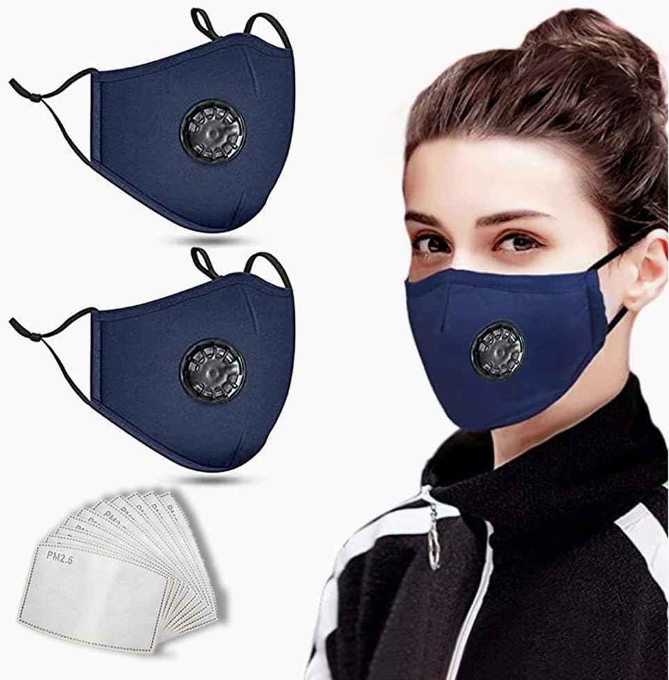 2PCS Safety Cotton Face Mask Protect, Washable and Reusable, Bandanas with Breathing valve With Activated 10 PCS Carbon Filter Replaceable Filters Haze Dust Protect for Adult - UK Seller (NEAVY BLUE)