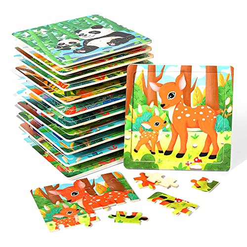 GRINNNIE Puzzle de 12 Piezas de Madera para Niños de 3 a 7 Años, Rompecabezas Montessori con Animales del Bosque, Juego Educativo para Viaje miniatura 1