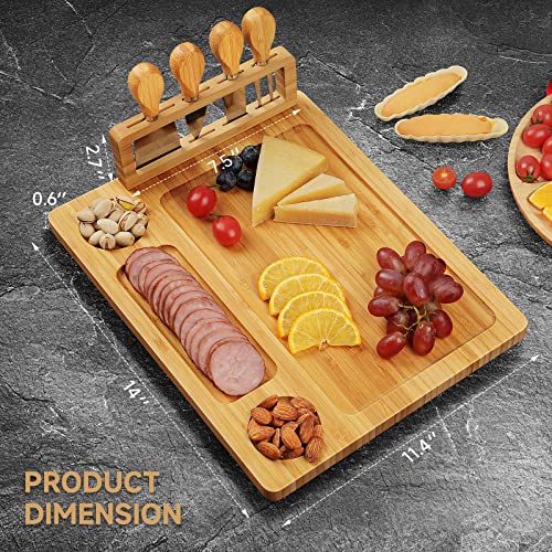 Xinyoec Bamboo Charcuterie Cheese Board Set - Serving Meat Cheese Platter, Charcuterie Board Set With 4 Stainless Steel Cheese Knife, Ideal For Parties, Wedding, Housewarming, Christmas Gift #TOP1