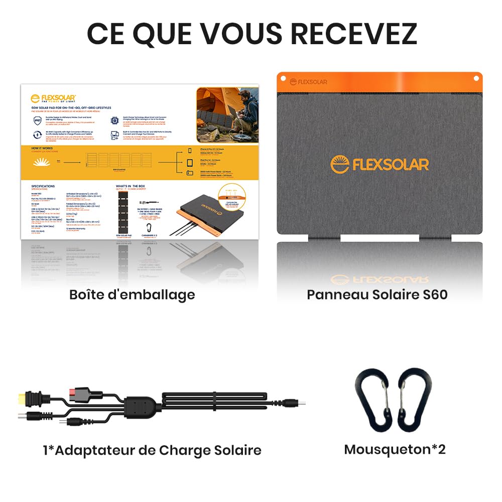 Panneau Solaire 60 W, FlexSolar Portable Chargeur Solaire PliableIP67 Imperméable à l'eau Alimentation d'urgence Camping pour Petit Générateur de Electrique, Téléphone, Alimentation Mobile, PC