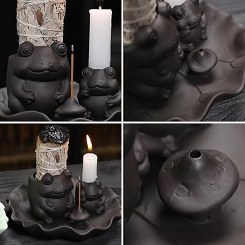 ChangWanna Multifunction 4 in 1 Frog Incense Holder, Palo Santo Holder, Sage Holder, Ceramic Incense Stick Holder for Burning - Cute Ash Catcher Tray for Yoga/Meditation/Home Room Office Decor, Black