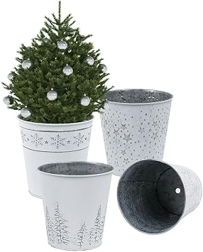White Christmas Metal Buckets, 4 Pack Galvanized Planter Pots Holiday Decor