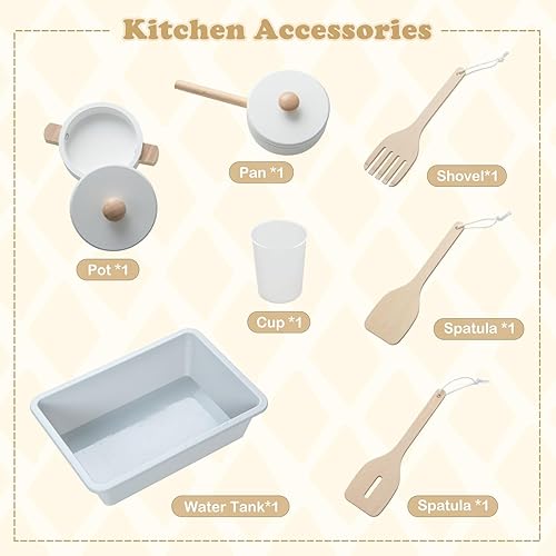 Miniatura 7 de INFANS Juego de cocina para niños, juego de cocina de madera con luz y sonido realistas, estufa, fregadero, microondas, armario de almacenamiento,