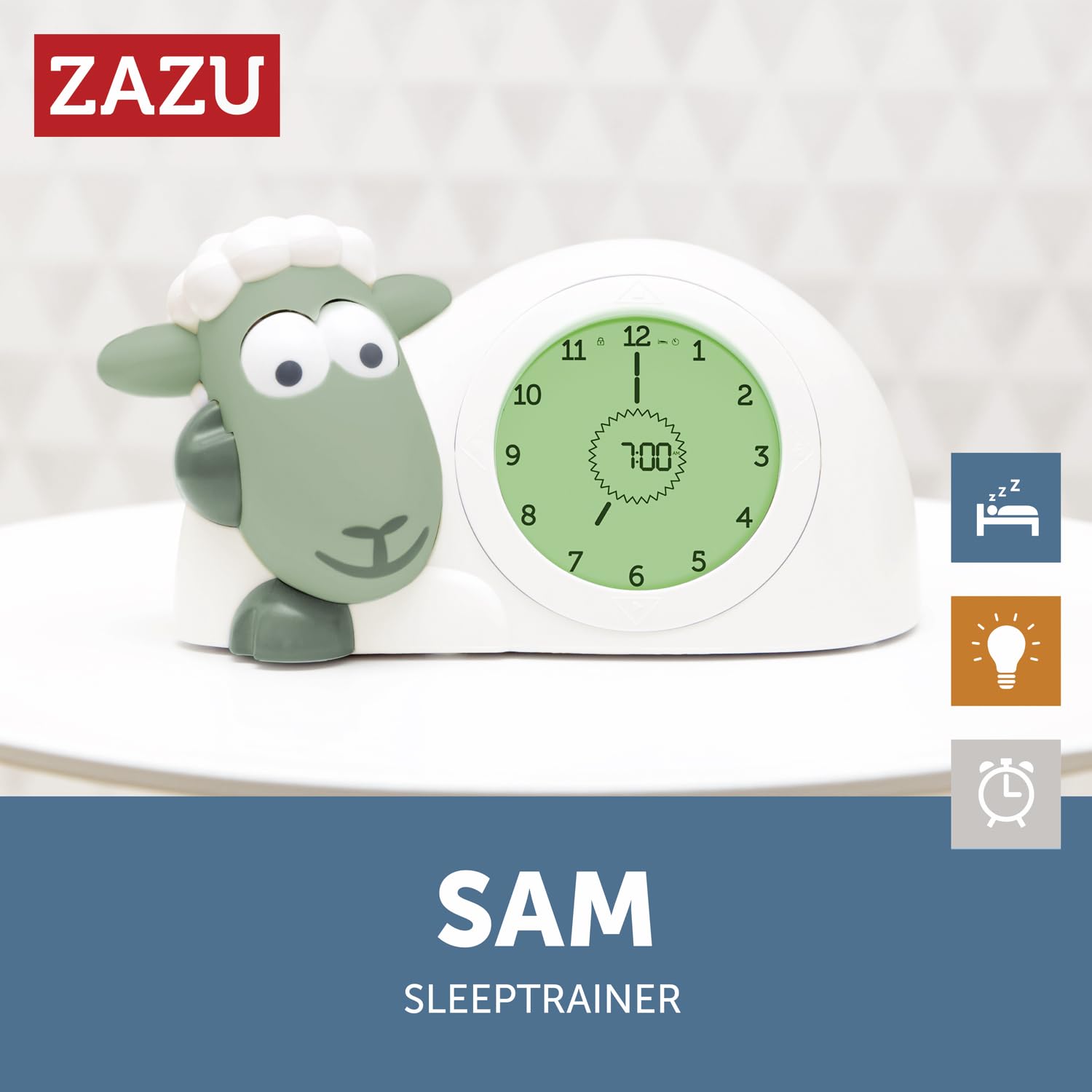 ZAZU Orologio Sam The Lamb – Orologio da letto e luce notturna per bambini | Insegna al tuo bambino con indicatori visivi quando svegliarsi | Luminosità regolabile | Spegnimento automatico (Sage)