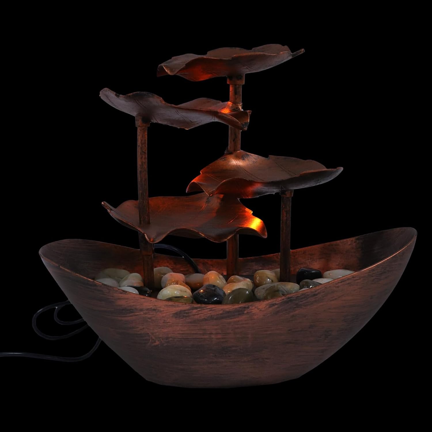 Creative Tabletop Waterfall Fountain with Lotus Leaf Design LED Ambient Light Home Office Decor Plastic Desktop Water Fountain for Living Study Bar