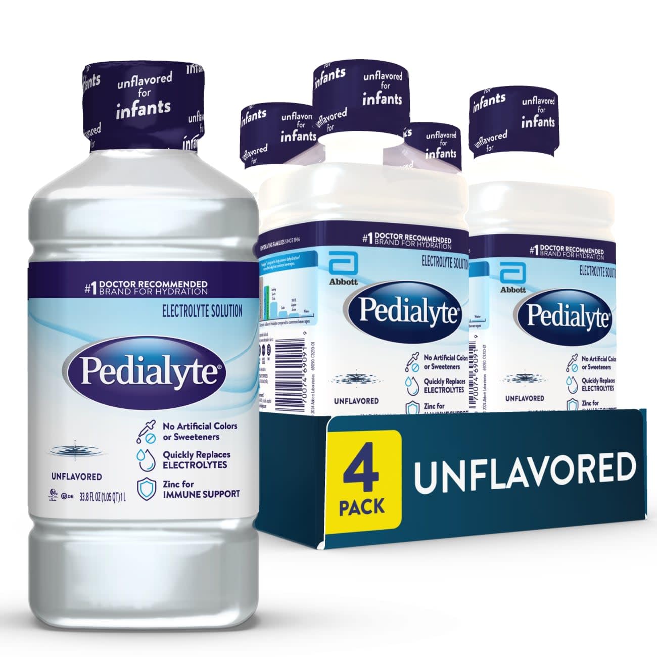 Pedialyte Electrolyte Drink, Unflavored Hydration Drink, 1 Liter, 4pk | Hydration for adults and kids, 3 key electrolytes to quickly restore fluids and electrolytes, no artificial colors