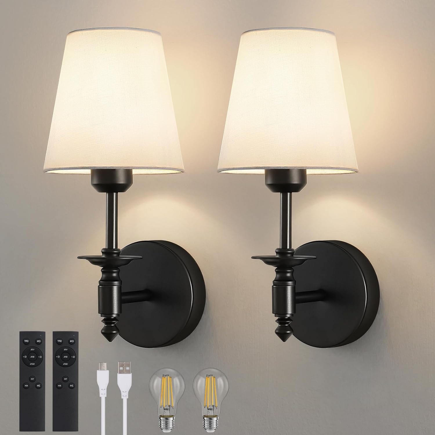 WOSHITU Battery Operated Wall Sconce: Black Sconces Set of 2 with 2 Remote & 2 Dimmable Bulb Matt Black Rechargeable Cordless Sconces Wall Decor Set of Two Wall Light for Bedroom Living Room