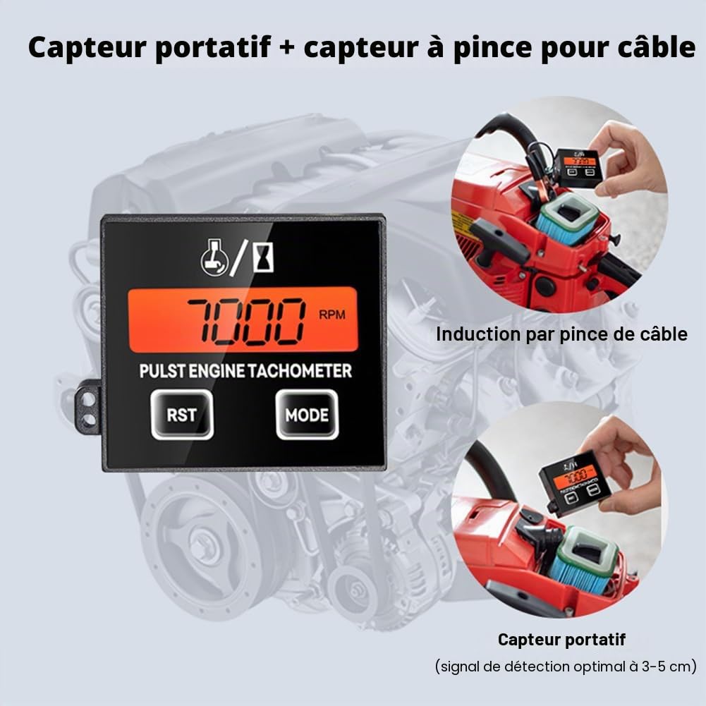 Compte-tours numérique inductif 2/4 temps avec compteur d'heures, tachymètre numérique pour moto, souffleuse à neige, motocross, tondeuse à gazon, générateur, tronçonneuse, orange