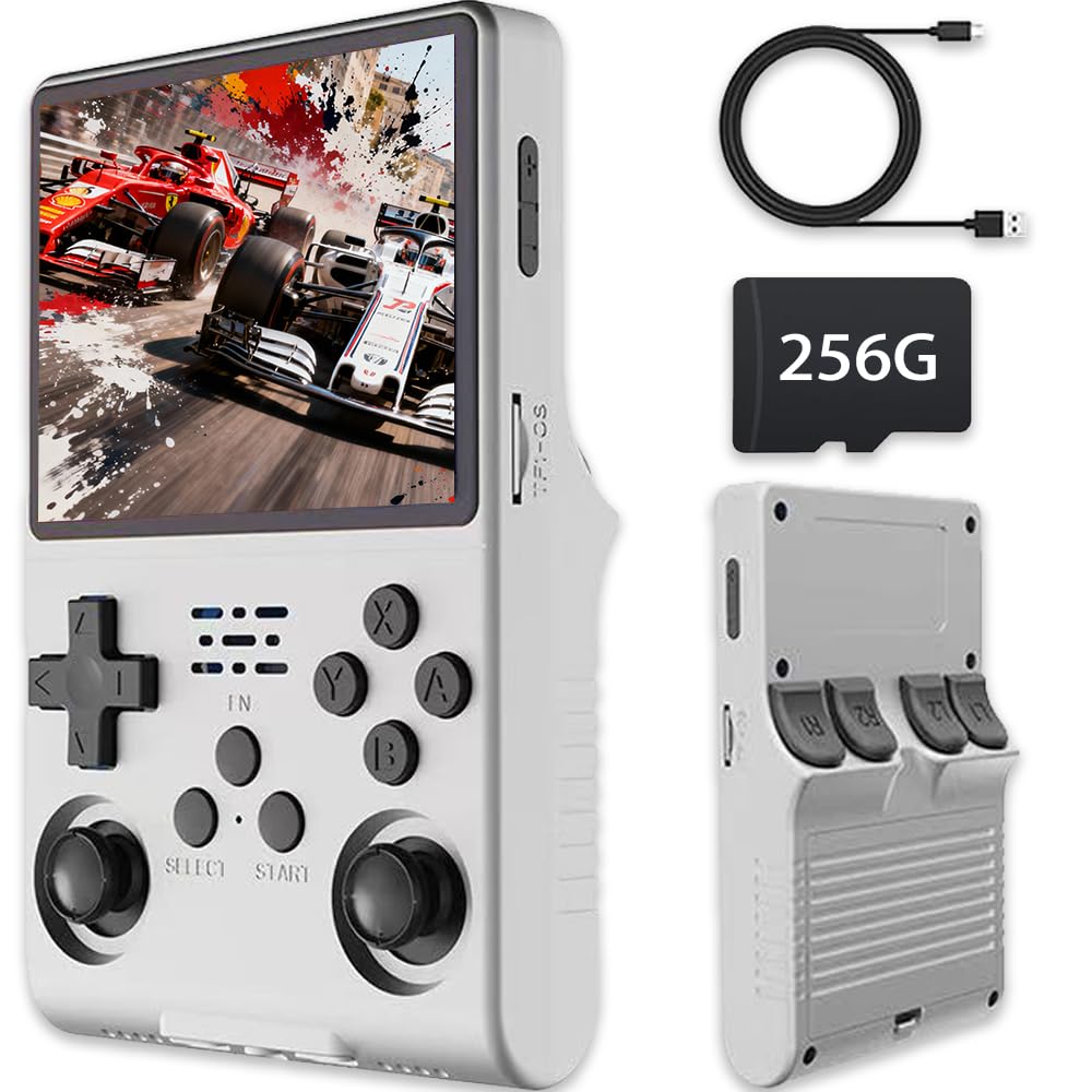 – R40S Pro Retro Game Console,Portable Handheld Video Game Console ，3.5 inch IPS Screen with 256G Card &30000+ Games,Built in 45 Emulators,3800mAh Battery (white-256g)