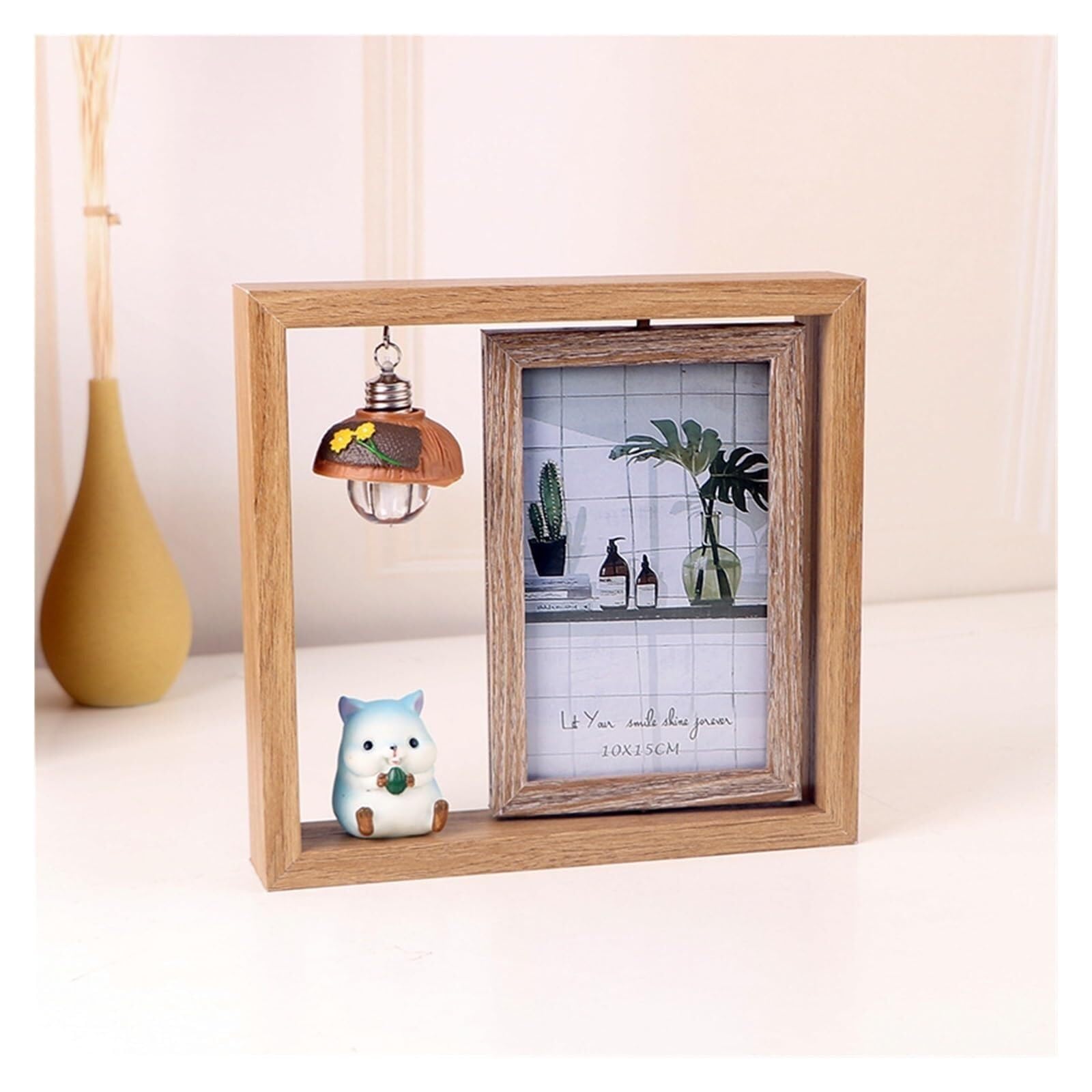 Photo Frames Photo Frame Creative Set-up Double-sided Rotating Wooden with Light Cartoon Pig(Mouse)
