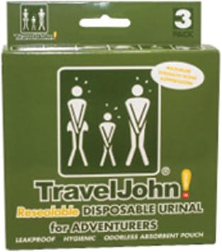 TravelJohn Adventurer Resealable Disposable Urinal for All Genders, Adults, and Children 3 Pack Designed for Emergencies, Travel, Camping, Long Car Rides, and More - 28oz/800ml Capacity TJ1C