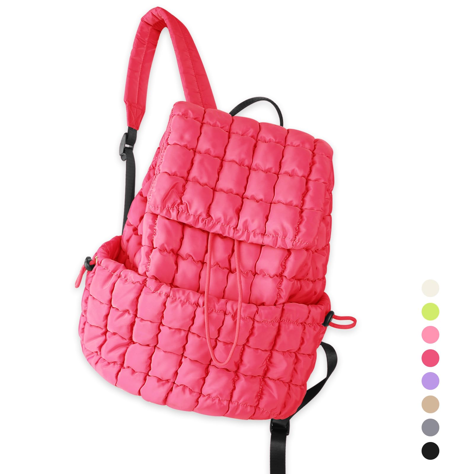 Quilted Puffer Backpack for Women, Lightweight Soft Nylon Quilted Hiker Pack Top Flap Drawstring Backpack, Trendy Puffy Padding Gym Travel Bag for