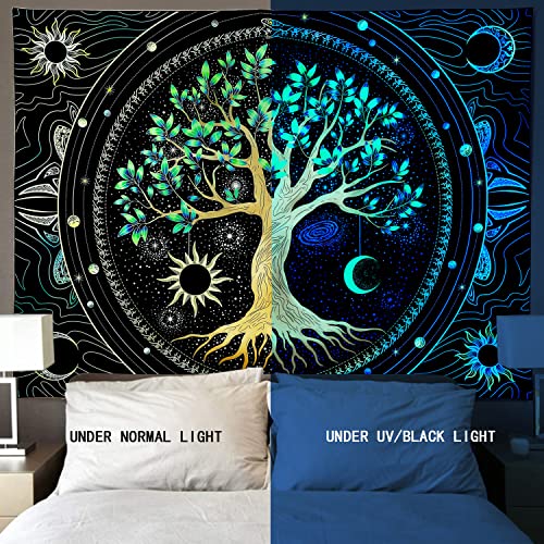 Image of Tapestry for Bedroom Aesthetic Black Light Tree of Life Tapestrys UV Reactive Trippy Talestry Colorful Wall tapistry Sun Moon Space Tapestries Green Forest Wall Hanging Decor Nature Ceiling Tapastry