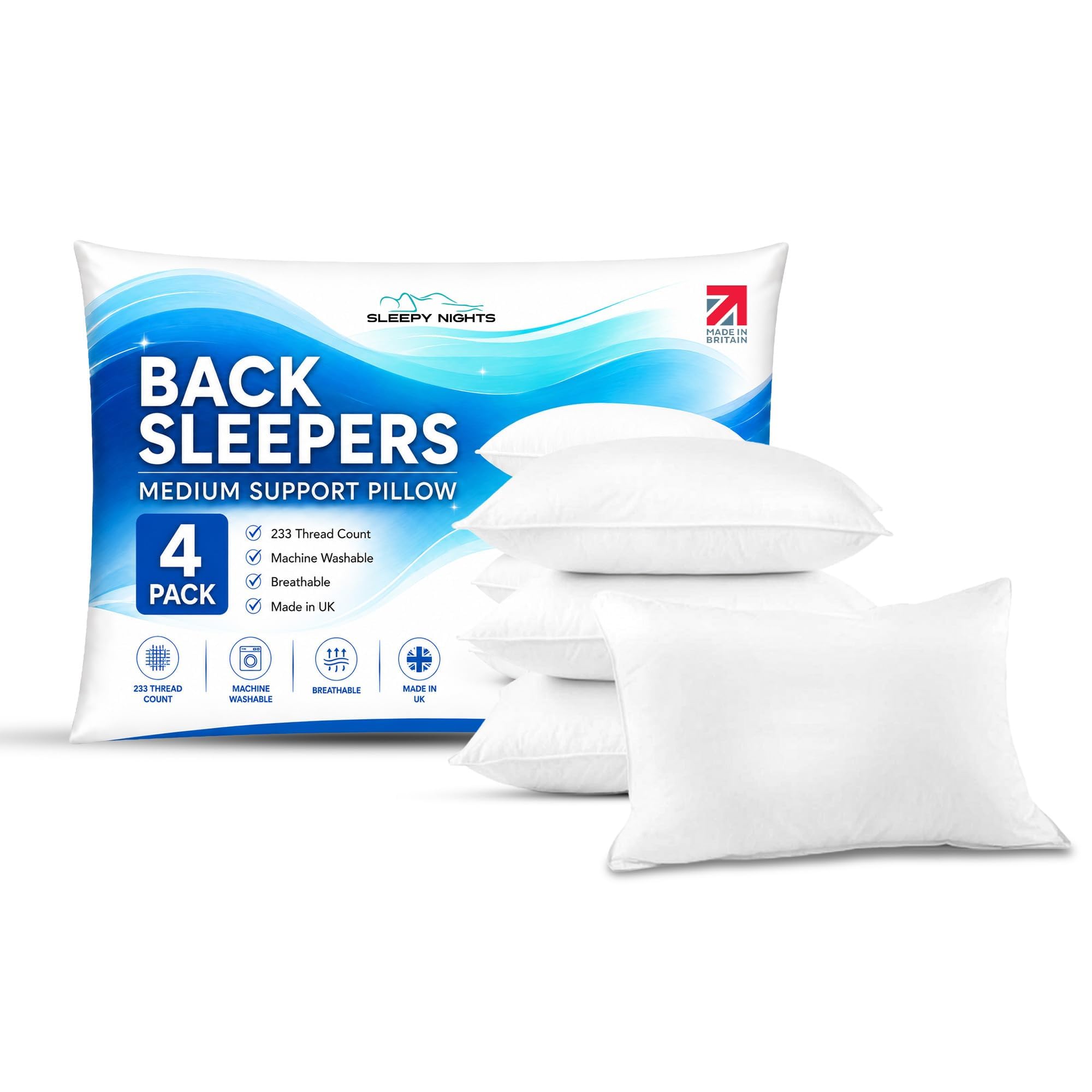 SleepyNights 4 Pack Medium Down Alternative Pillows for Back Sleepers