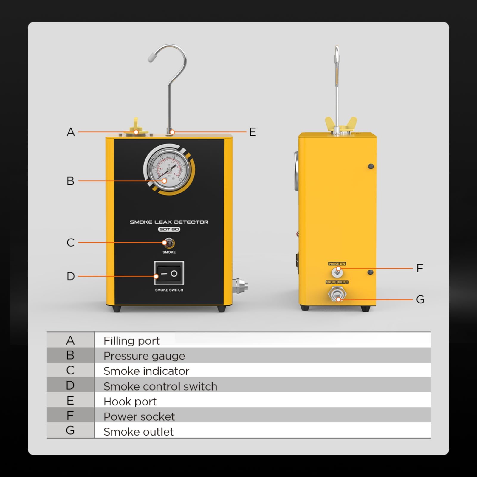 Detector de fugas de humo SDT60, máquina de humo para coche de 12 V con bomba de aire integrada y manómetro, portátil, 1,6 kg, probador de fugas de EVAP, para coches, motos, camiones, sistemas