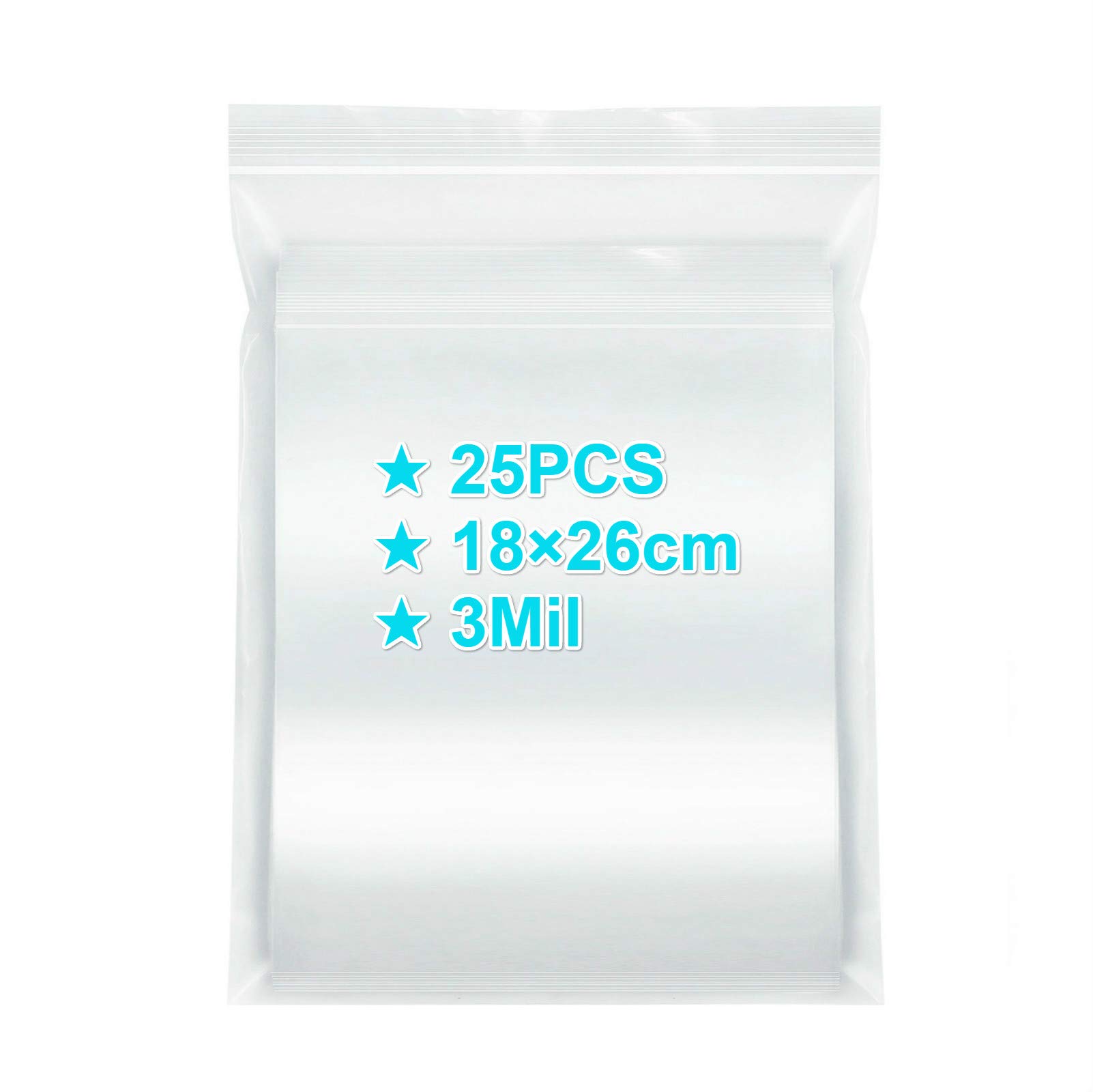 Resealable Ziplock Bags 18×26cm, 25PCS, 3 Mil Extra Thick Medium Size Clear Plastic Grip Seal Bags with Lock Seal Zipper, Storage Pouches for Food Sandwich Mask Incense Packaging