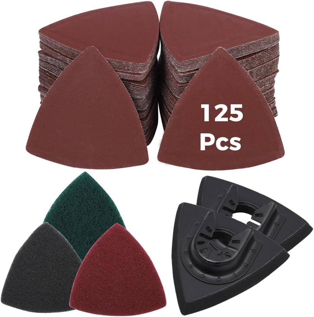 Triangular Sanding Discs Kit, 133 Pcs Detail Sanding Pads, Mouse Sandpaper With 125 Triangular Sanding Paper, Sander Paper For Oscillating Tool Wood Plaster, 2 Multitool Sanding Pads, 6 Buffing Pads