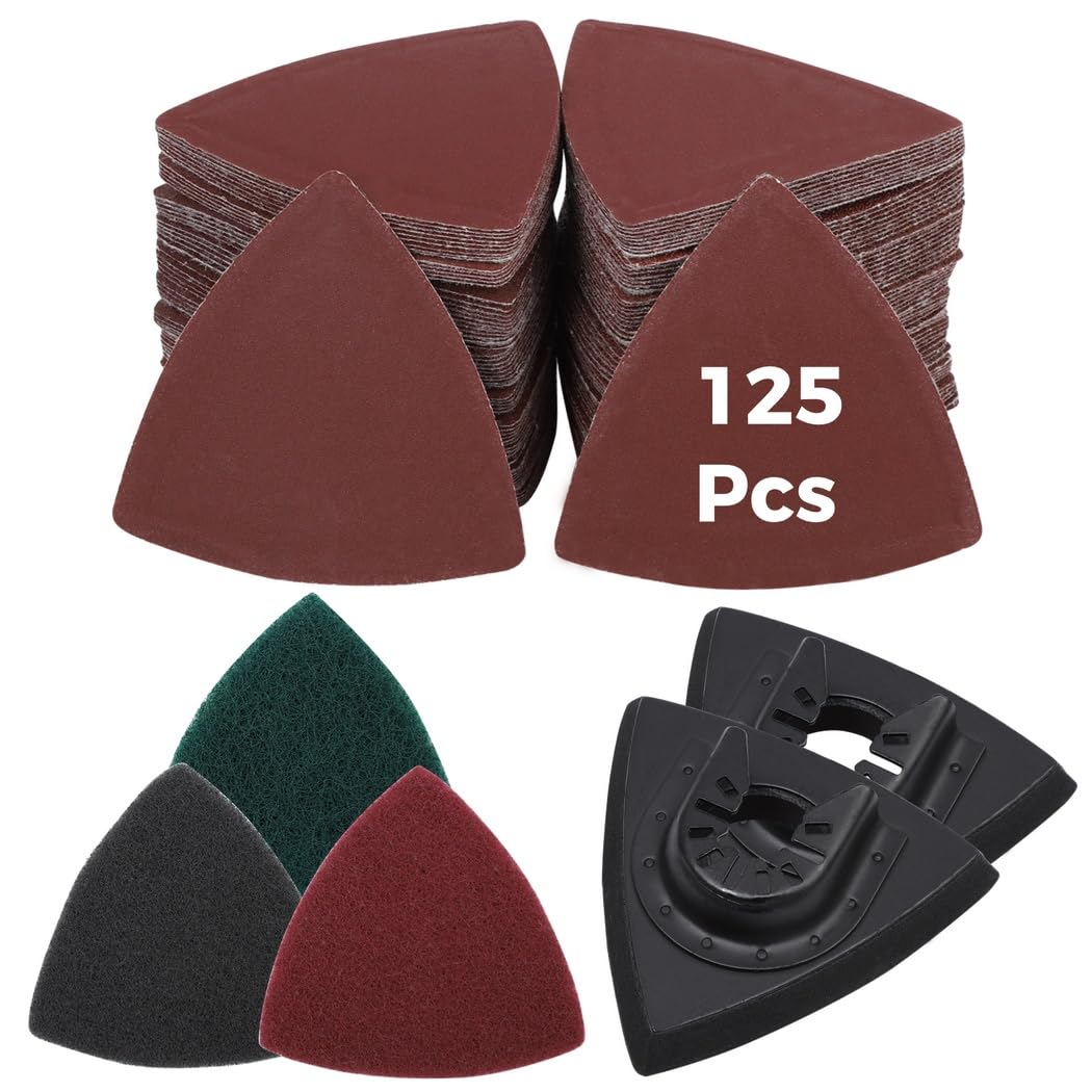 Mouse Sandpaper with 125 Triangular Sanding Paper, 133 Pcs Detail Sanding Pads, 2 Multitool Sanding Pads, Sander Paper for Oscillating Tool Wood Plaster, 6 Buffing Pads, Triangular Sanding Discs Kit