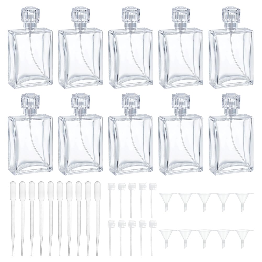 WEBEEDY Paquete de 10 botellas de vidrio de 100 ml / 3.4 oz, atomizador de perfume, cuadrado transparente, recargable, vacío de niebla fina, atomizador portátil de viaje con 3 tipos de dispensador
