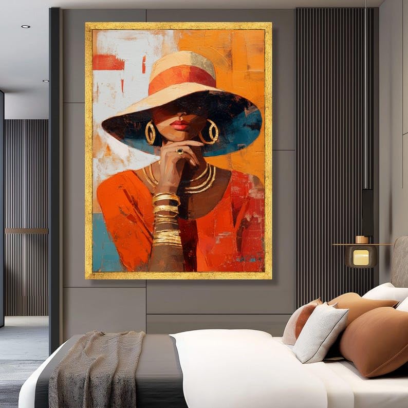 Portrait moderne sur toile de femme au chapeau avec finitions de galerie d'art