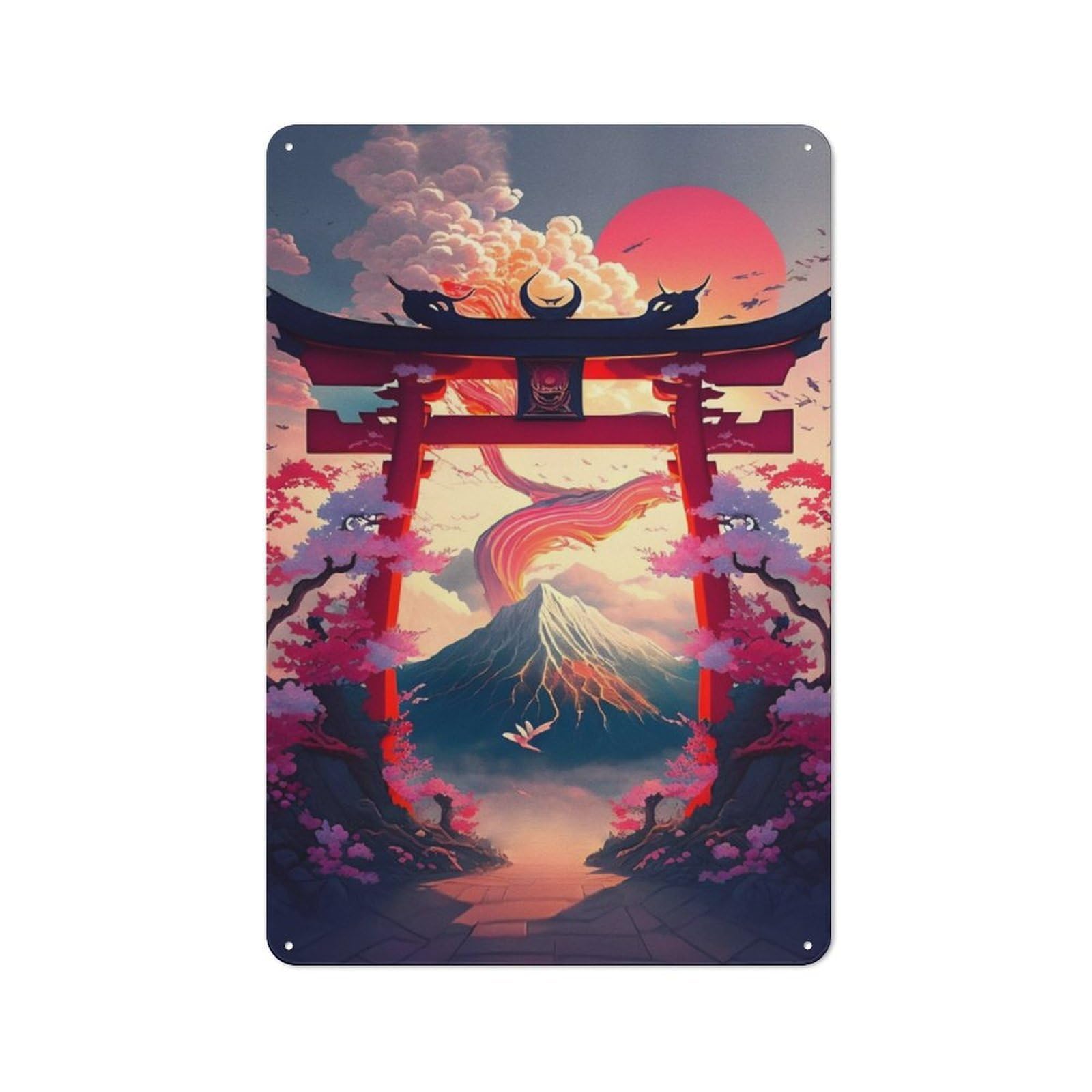 Junmoney Torii Gate Japan Icon Retro Metal Plaque 30X20cm For Bar Or Restaurant, Suited To Restaurant Interior Fans