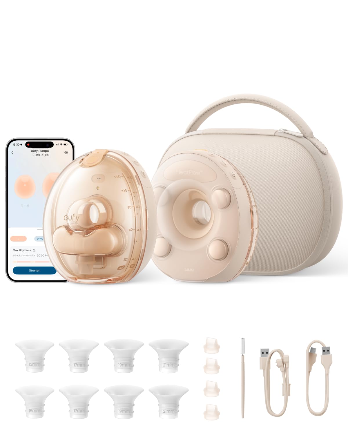 eufy Tragbare Milchpumpe S2 Pro, sanfte Wärmemassage mit HeatFlow™ 2.0 & VibraPump™, Brustwarzen-Licht, App-Steuerung, Füllstandsalarm, kabelloses Ladecase, 7 Tage Akkulaufzeit, freihändiges Abpumpen