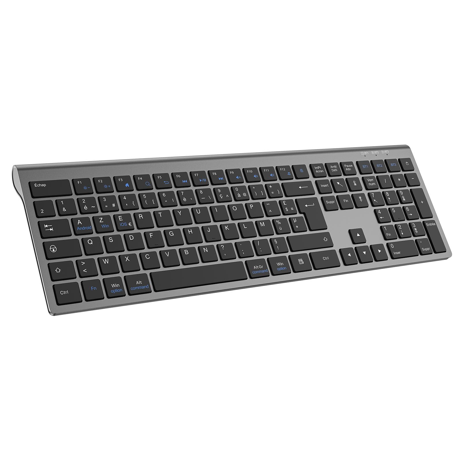 cimetech Clavier sans Fil Silencieux Bluetooth(BT1+BT2+BT3), Clavier Rechargeable, Ultra-Fin, AZERTY Français, avec Pavé Numérique, pour MacOS/iOS/Android/Windows/PC/Ordinateur/Portable-Gris Noir