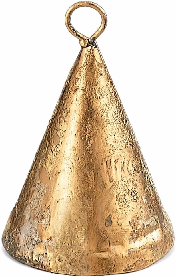 Three Cone Shaped Tin Bells with Metal Striker Bell Chime Party Favors Wall Art Orchard Garden Art for Wedding and Decoration (5-inch High, Gold)