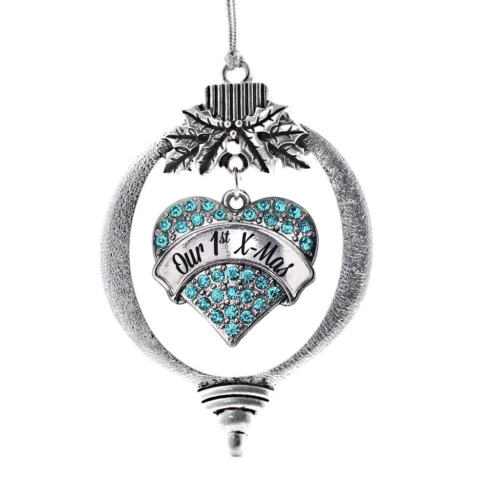 Inspired Silver - Our 1st X-Mas Aqua Charm Ornament - Silver Pave Heart Charm Holiday Ornaments with Cubic Zirconia Jewelry