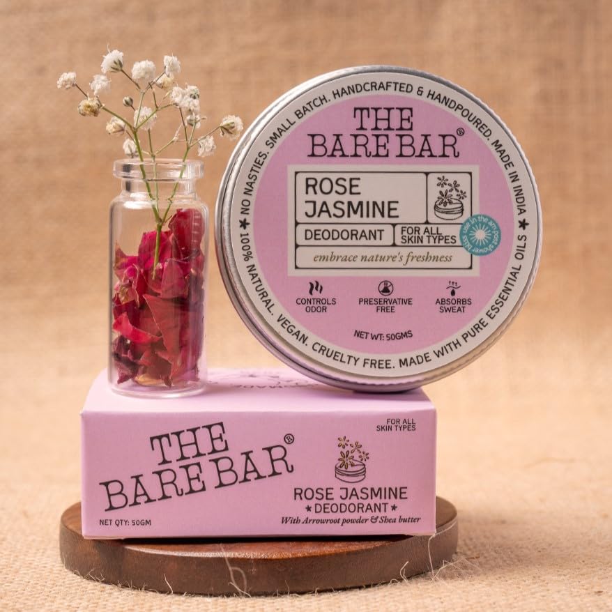 Image of The Bare Bar Rose Jasmine Deodorant - 50 gm | Floral Fragrance| Odor & Sweat Control | Natural formula and Chemical free| Good for all skin types | Travel Mini Size Solid Deodorant for Men & Women