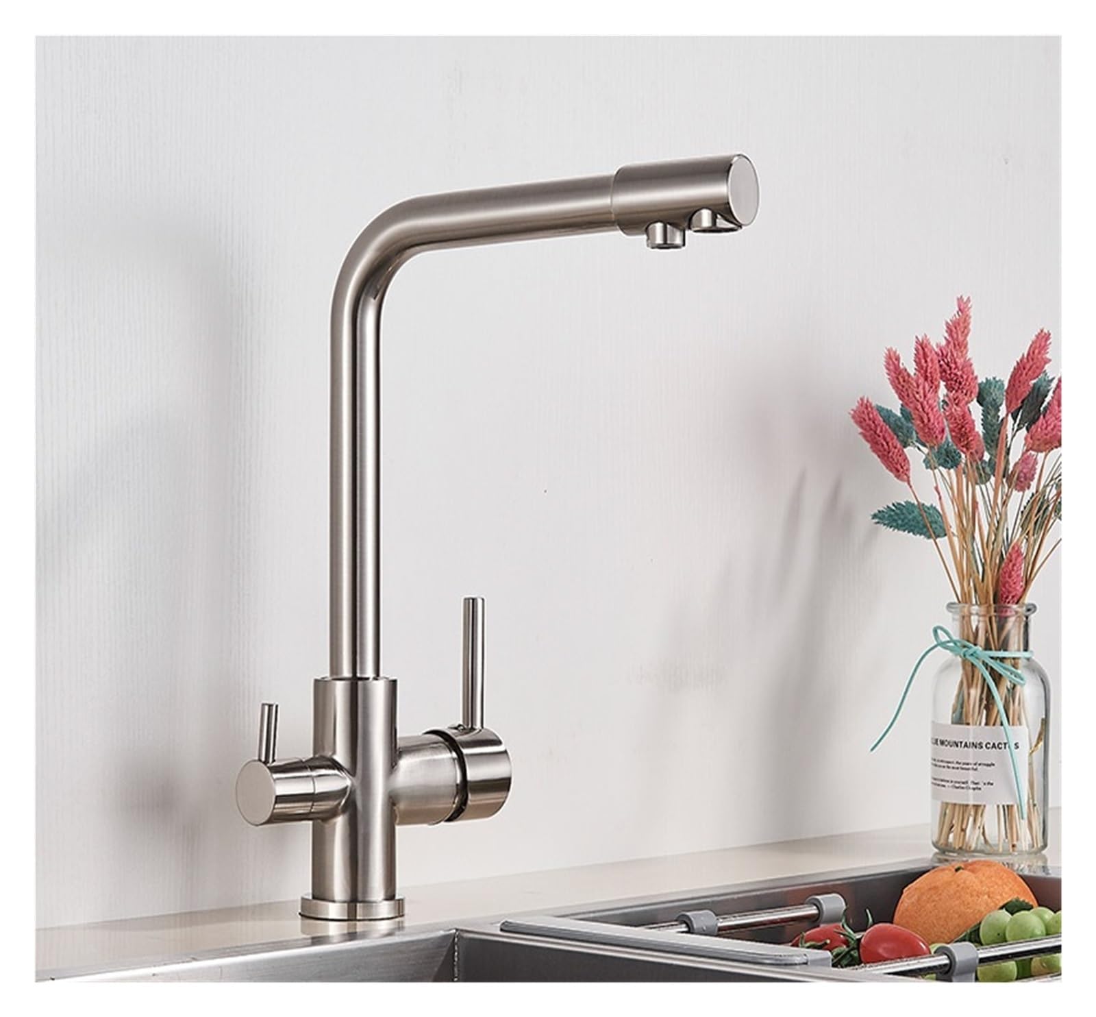 Robinet de cuisine anti calcaire nickel brossé double jet pivotant