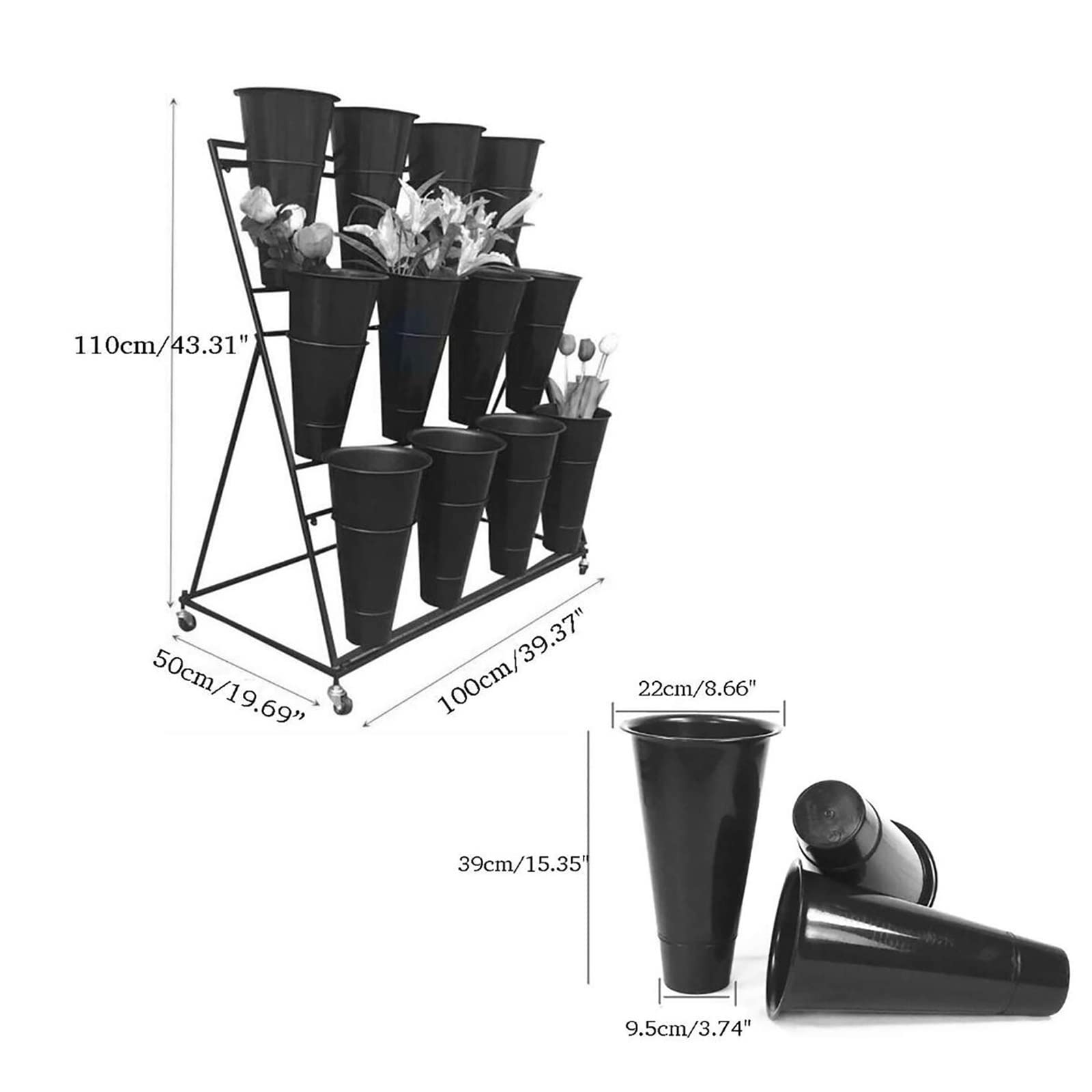 Espositore per Fiori con 12 secchi in plastica - Supporto per Piante in Ferro con 4 Ruote universali, ripiano per Bouquet di fiorista Mobile in Metallo a 3 Strati per ne