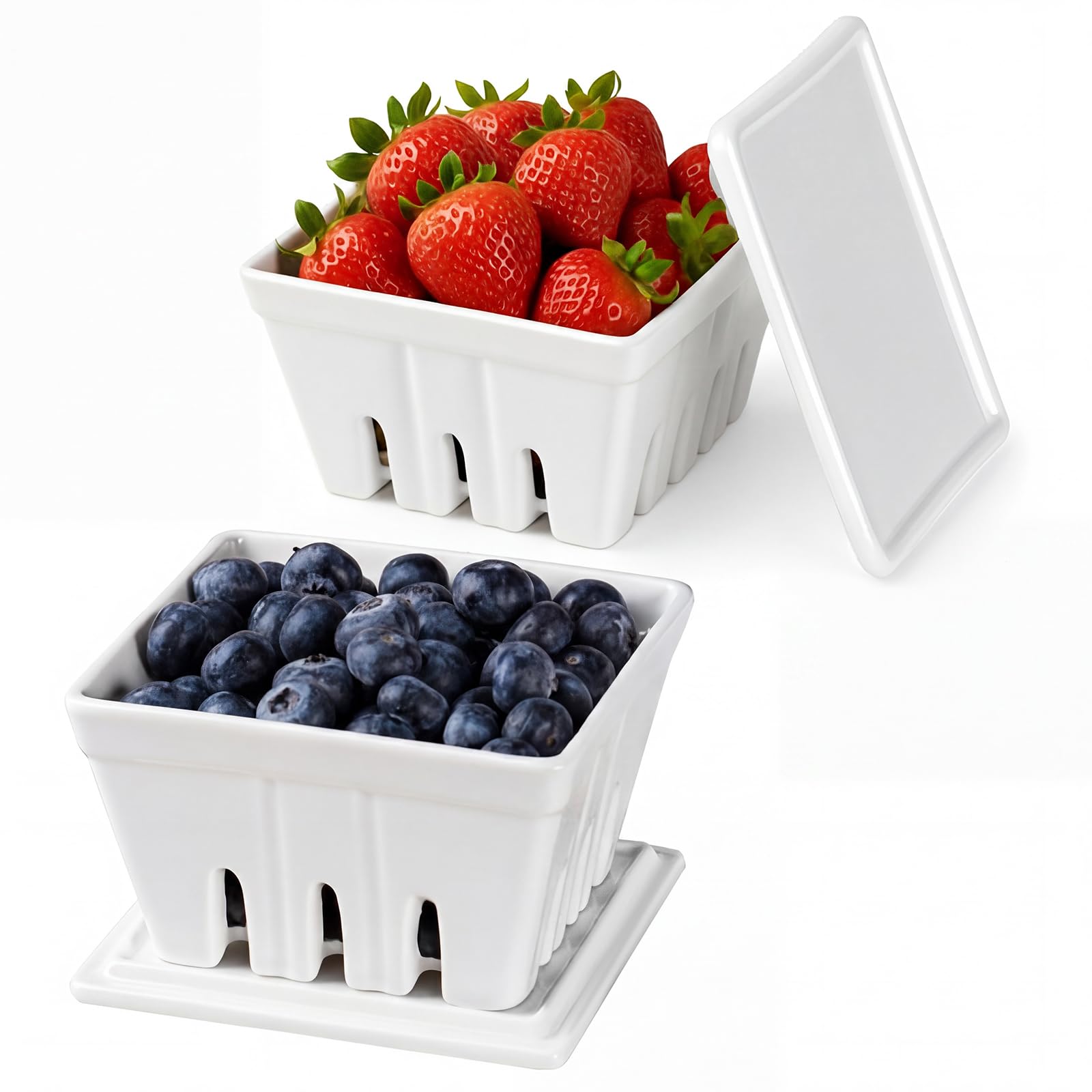 Blushtier 2 Pack Ceramic Berry Basket with Lids, Classic, White