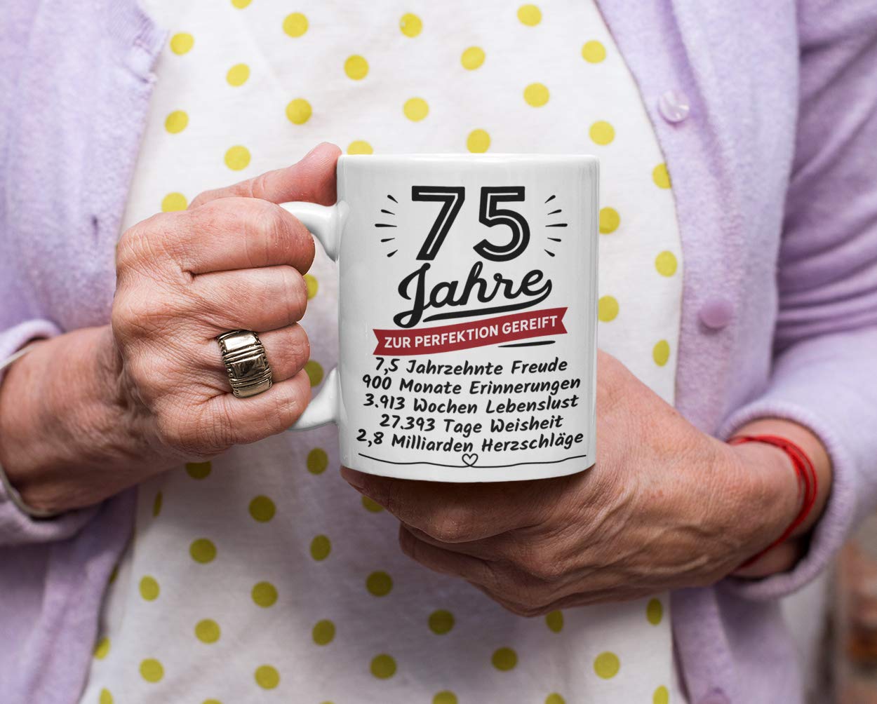 Prezent urodzinowy 75 – urodziny 75 lat dojrzały do perfekcji – prezent urodzinowy dla kobiet i mężczyzn – ceramika 330 ml