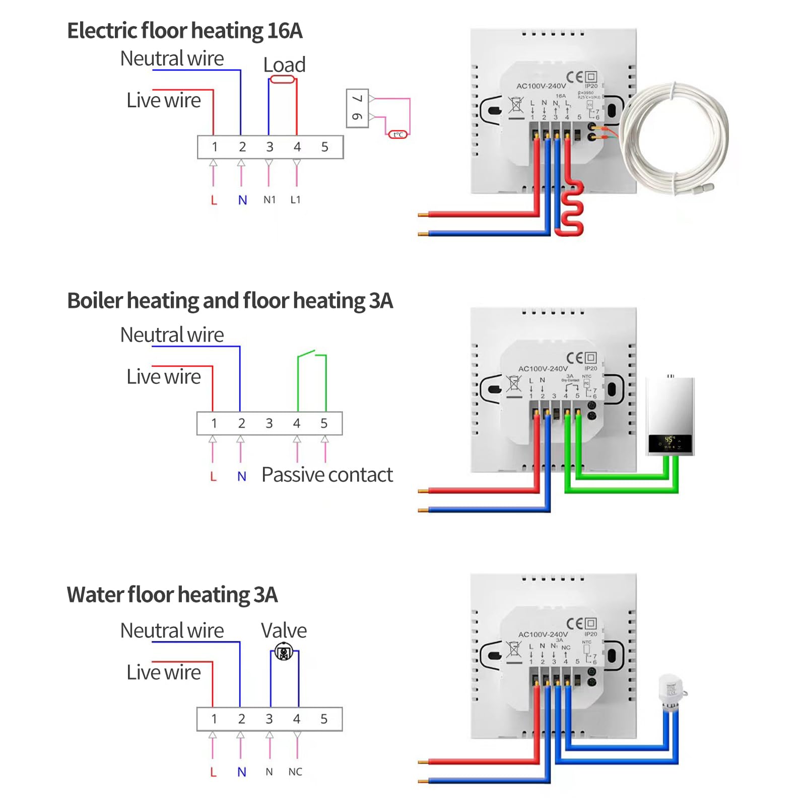 Termostato inteligente WiFi para calefacción por suelo radiante eléctrico,termostato eléctrico de 16A,pantalla táctil digital, regulador de temperatura, 230V, compatible con Alexa Google Home (blanco)