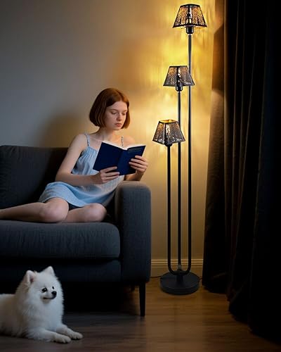 Lámpara de pie negra de 63 pulgadas, lámparas de pie únicas de 3 postes altos con pantalla de metal, 3000 K blanco cálido lámpara de pie moderna de