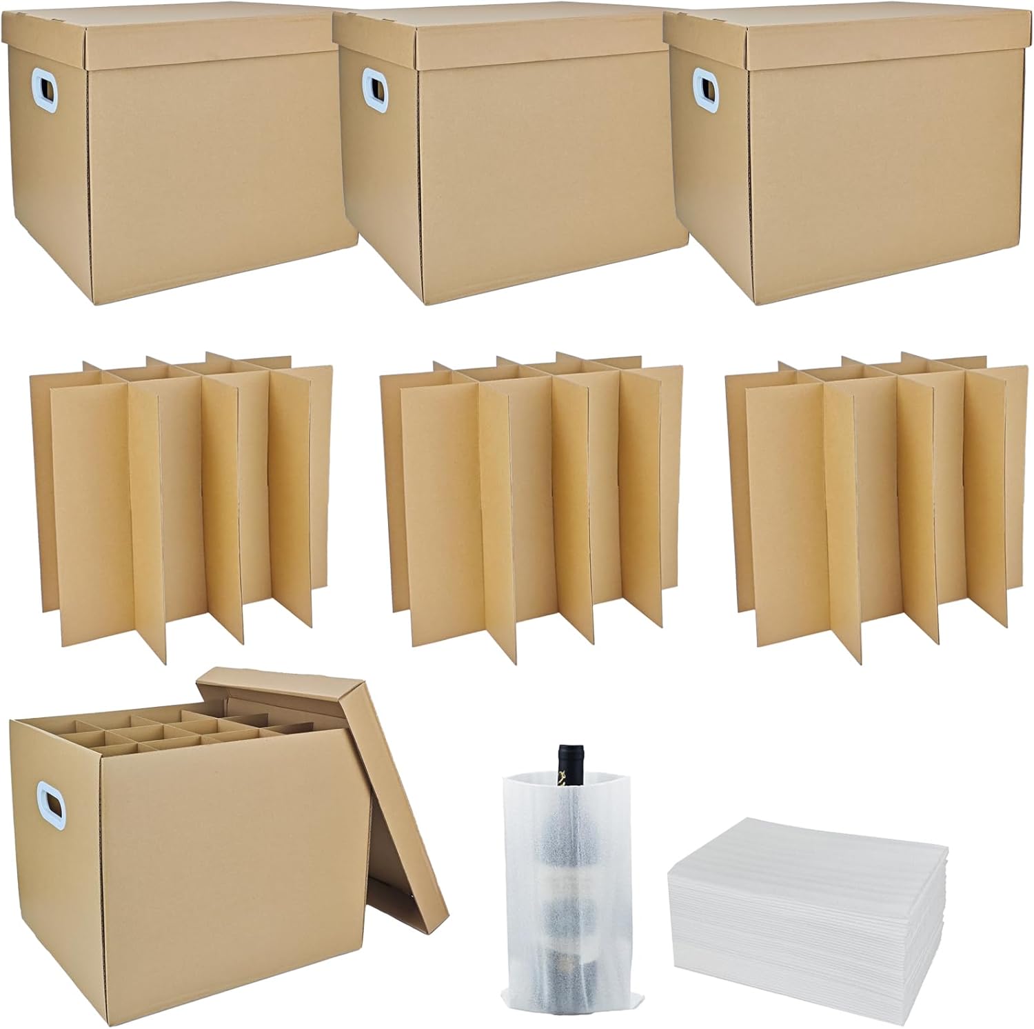 3 Sets Moving Boxes with Two-layer Divider Kits, 16 x 13 x 13 Inch Box with Lid for Glassware Wine Packing Kitchen Moving Box Corrugate Dividers with 72 Pcs Foam Pouches