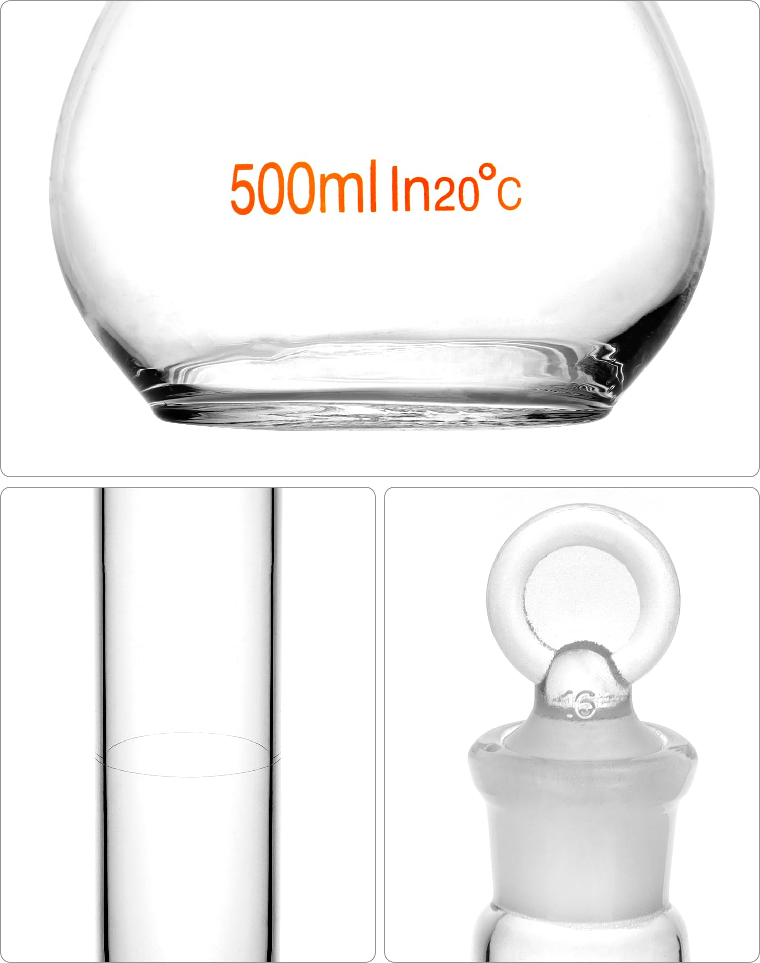 QWORK Frasco volumétrico de 500 ml con tapón de vidrio, vidrio de borosilicato alto 3.3, 2 unidades