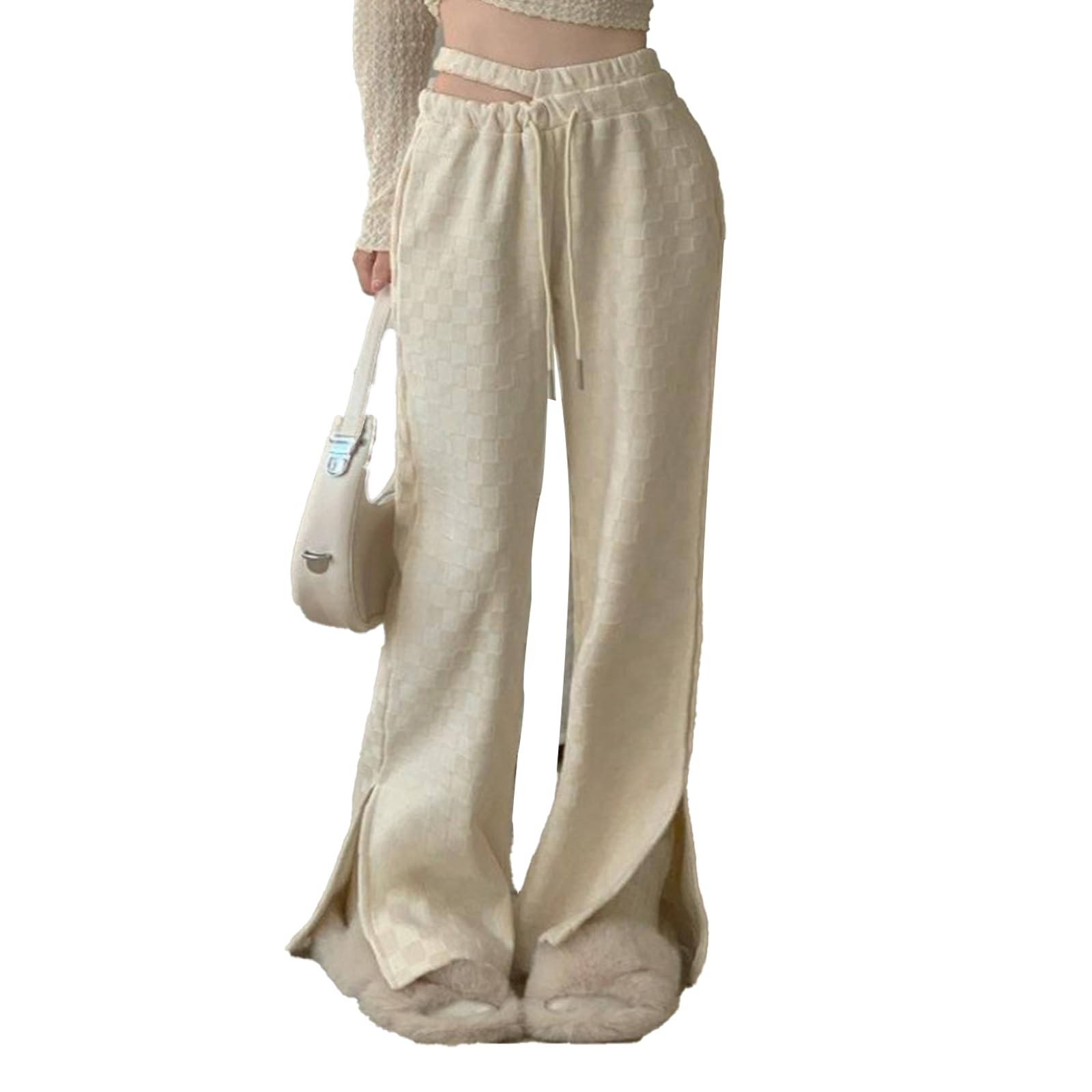 Long Checkered Pants Women Beige Gingham Trousers Cut-Out Waist Wide Leg Bottoms Plaid Sweats Drawstring Slit Hem Elastic