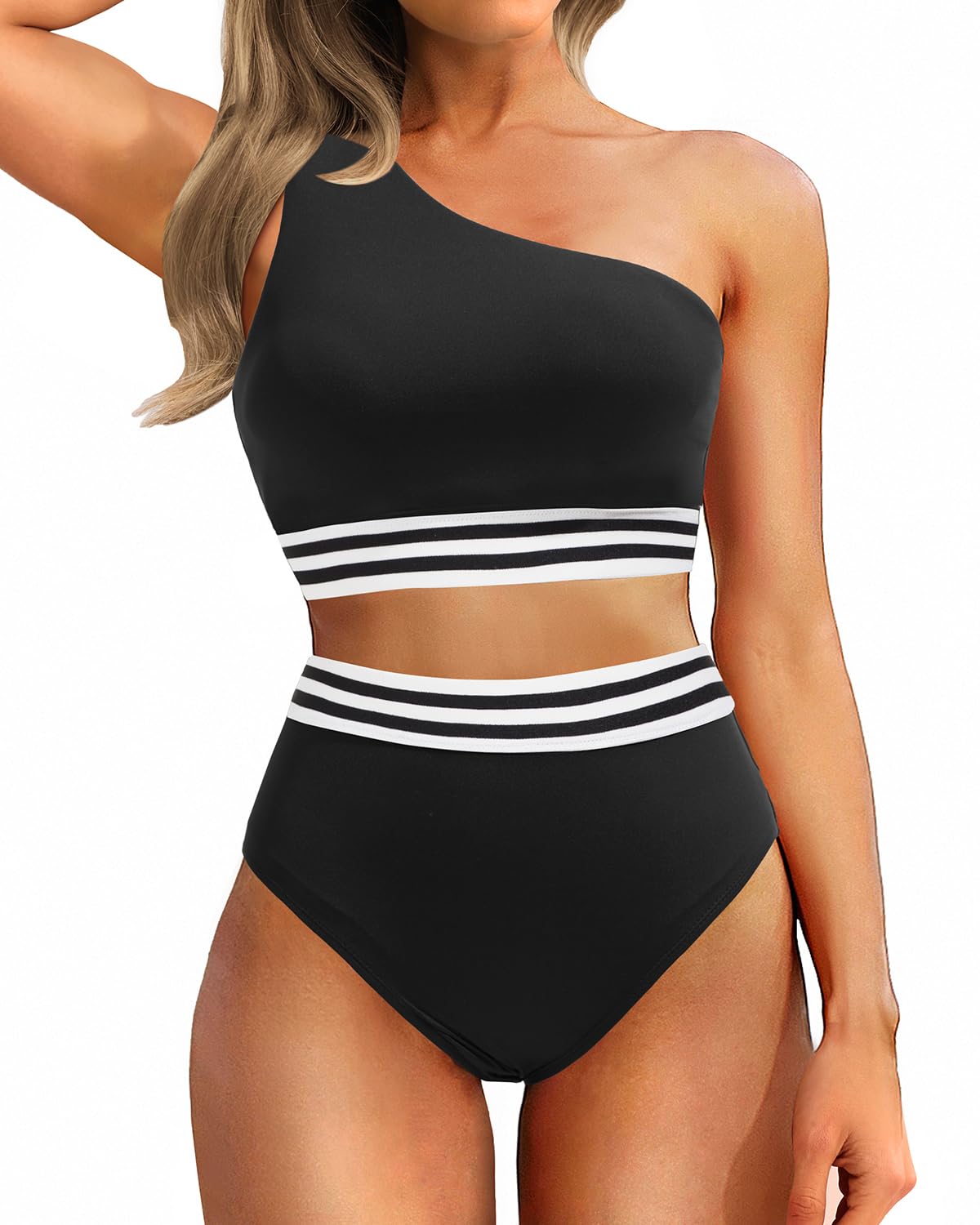 Holipick Damen-Bikini-Set, eine Schulter, hohe Taille, zweiteiliger Badeanzug, Bauchkontrolle, volle Abdeckung, Bademode | Herausnehmbare Pads, vollständige Abdeckung, vollständiges Futter, Bauchkontrolle, für Pool, Strand, Urlaub