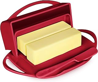 Butterie Flip Top Butter Dish with Attached Lid & Matching Knife - Holds 2 Sticks, Fits Kerrygold/European Butter - BPA Free & Dishwasher Safe - Red