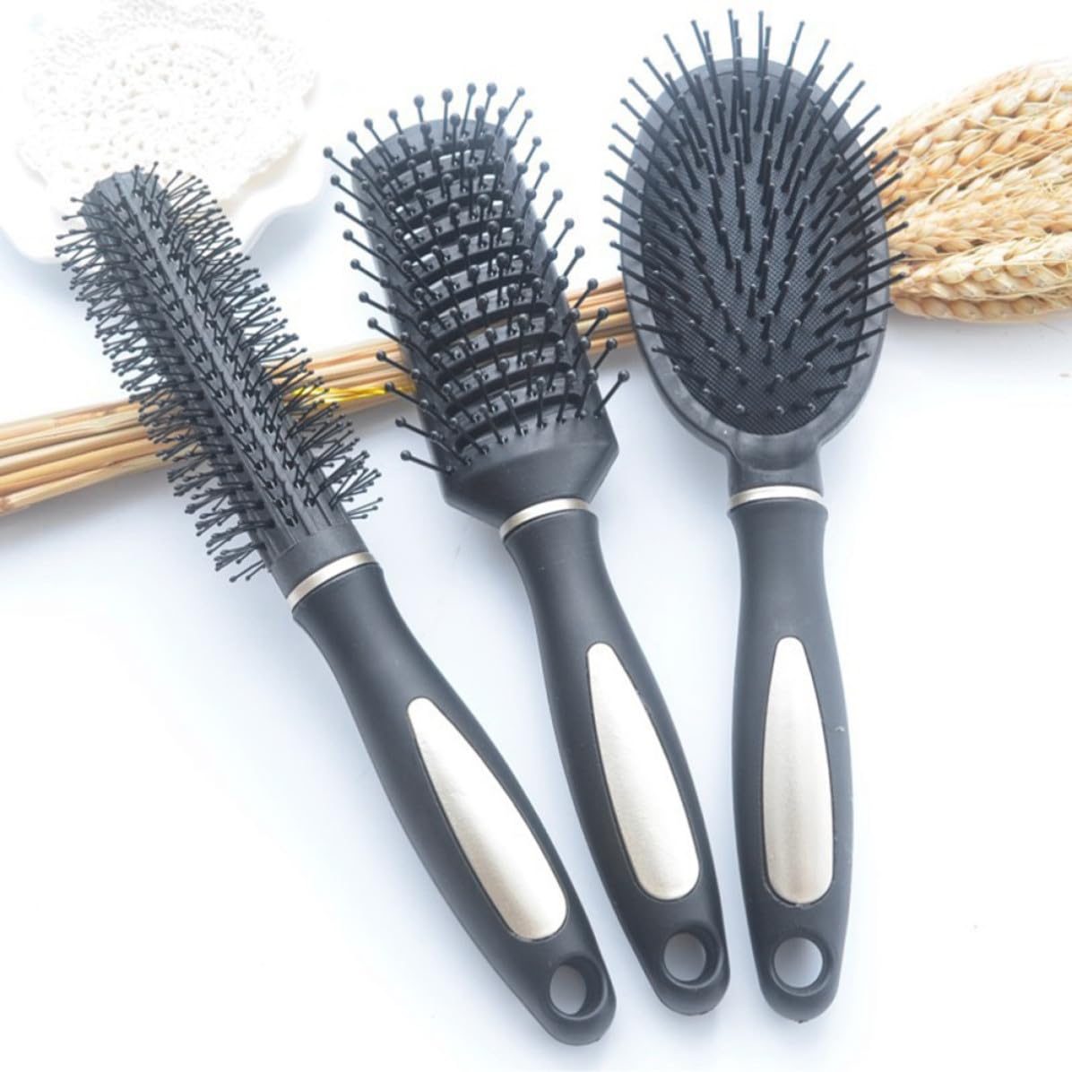 Pettini Massaggianti Antistatici con Manico Ergonomico Set 3 in Plastica Colore Nero per Capelli Ricci, Adatti per Salone e Casa