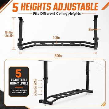 48 Ceiling Mount Pull Up Bar - Heavy Duty Multi-Grip Chin Up Bar for Garage/Home Gym and Strength Training, Adjustable Height&Supports to 600 Lbs