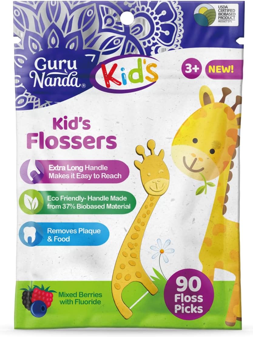 GuruNanda Kids Dental Floss Picks - Flavored with Fluoride - 90 Count