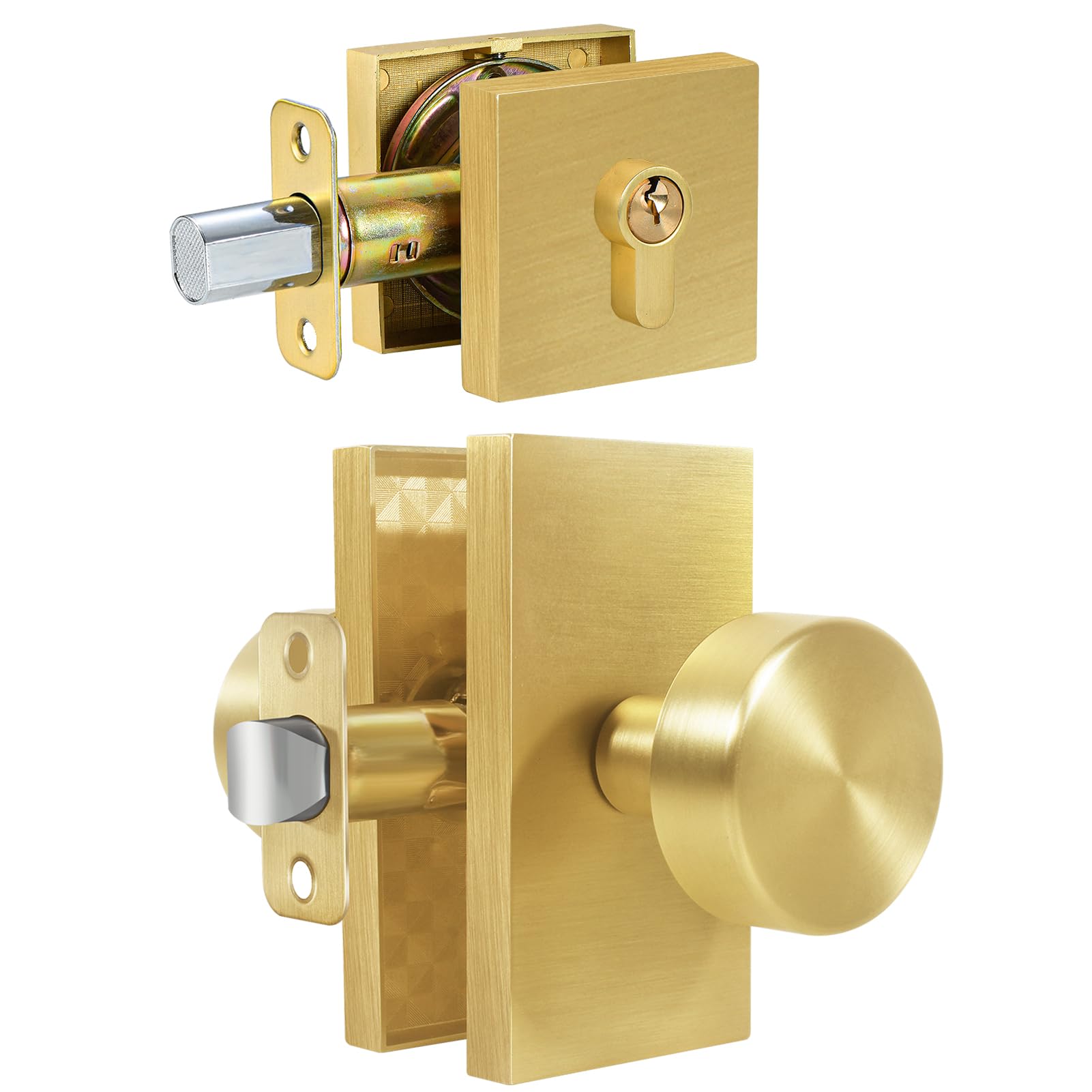 Photo 1 of Newlaking Satin Brass Zinc Alloy Passage Door Knob with Deadbolt, Round Lever with Rectangular Backplate, Keyed Entry Lock Set for Interior & Exterior Hallway Office Doors, 1 Pack