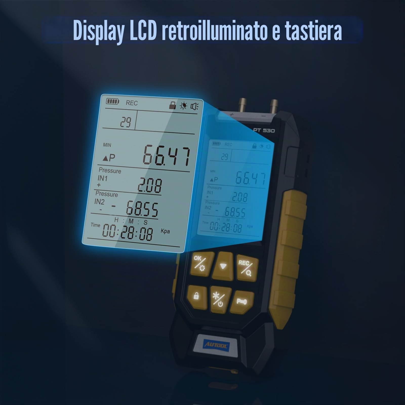 Manometro Digitale, PT530 Tester di Pressione del Gas a Doppia Porta, Manometro a Gas pressure Tester Differenziale HVAC/R Air Pressure Meter con Torcia Elettrica, -100~300Kpa, Data Record, Toolbox